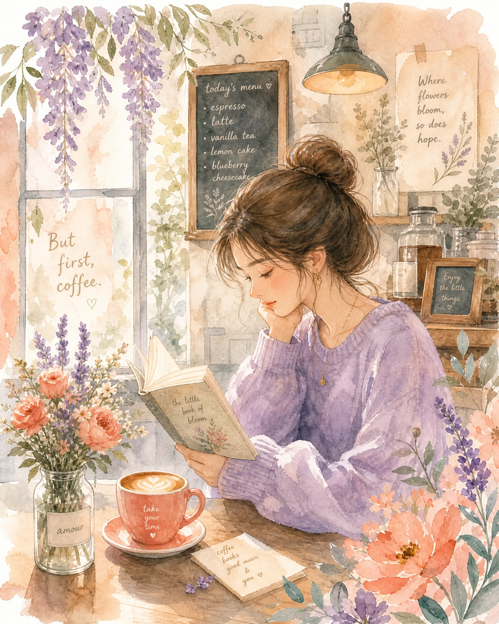 水彩风格咖啡馆阅读少﻿女插画