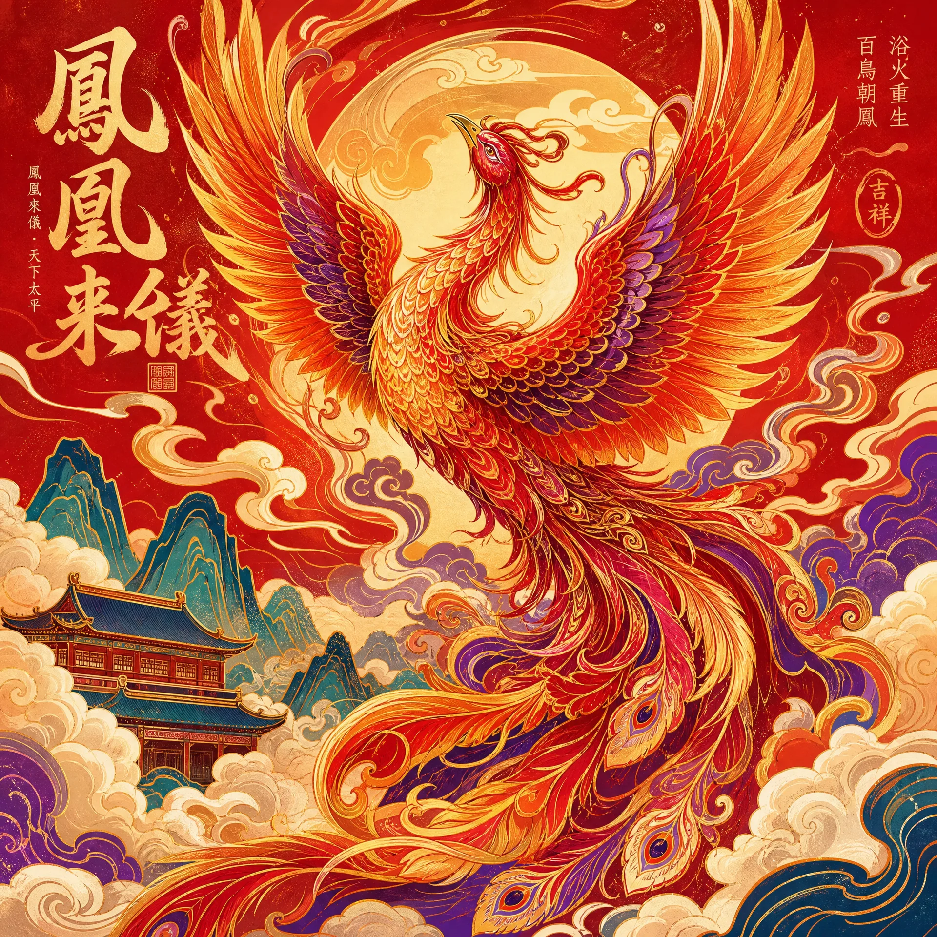 国潮风格凤凰祥云中国传统插画